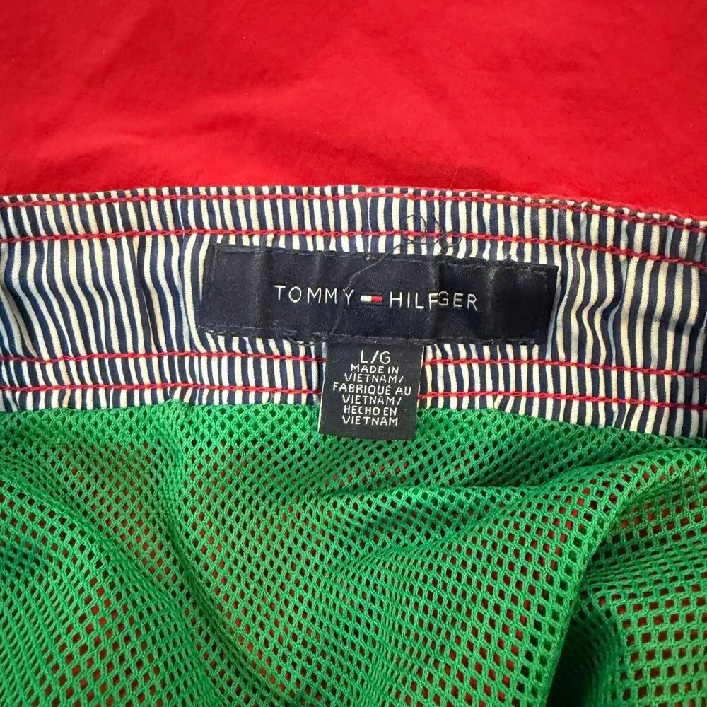Tommy Hilfiger Swim Trunks Red Mesh Lined Drawstring Beach Shorts Flag Logo L